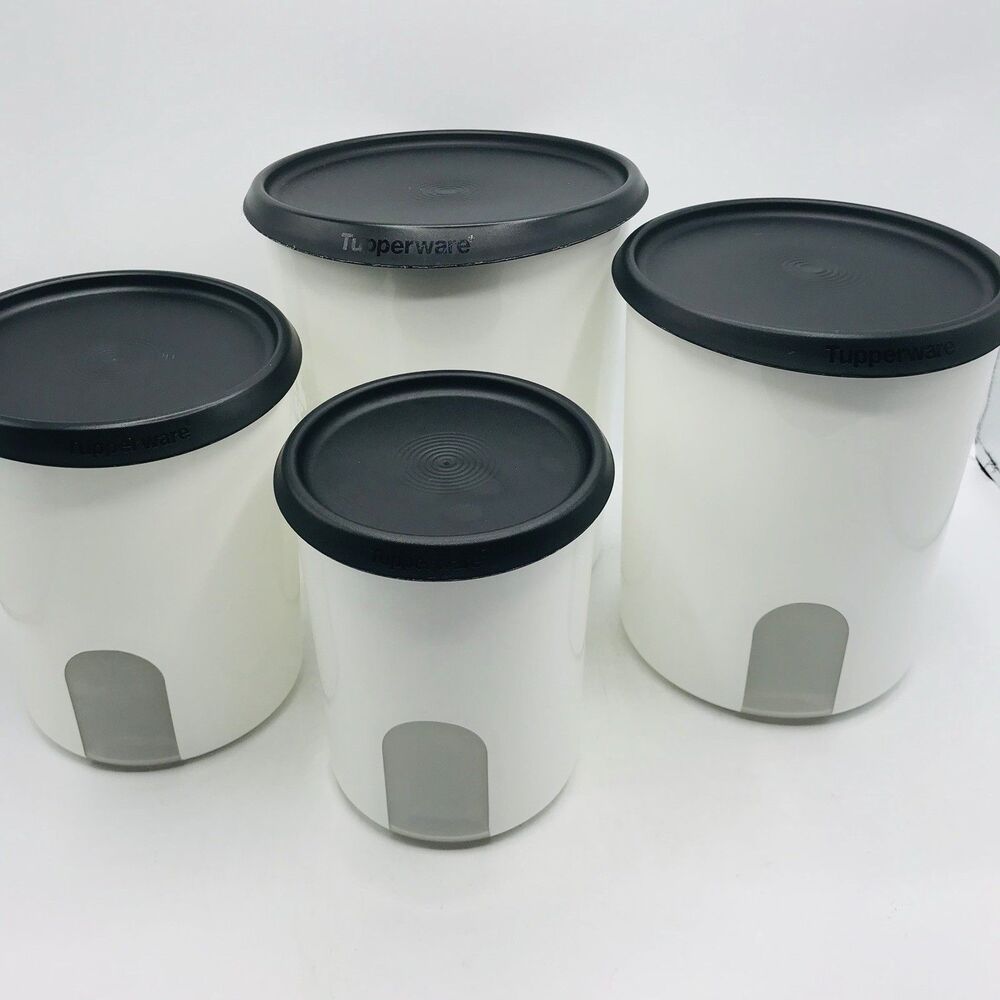 Tupperware One-Touch Reminder 4 Piece Canister Set White W/ Black Lids Tradition
